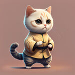 穿太极服侧身打太极的可爱猫咪，运动可爱型，背景纯色
