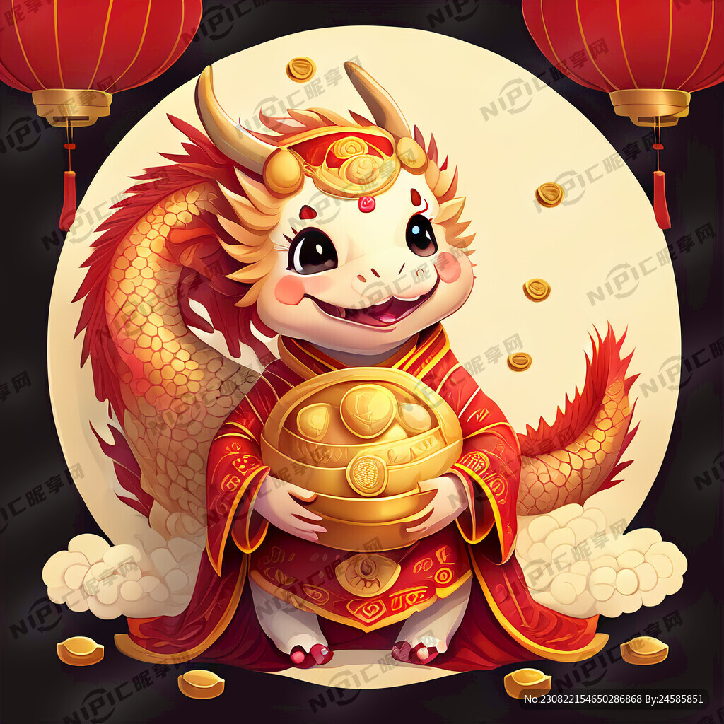 一只可爱卡通穿红色新年礼服的龙