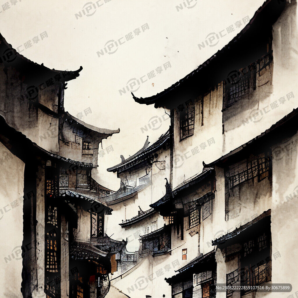 古城街道瓦屋水墨画