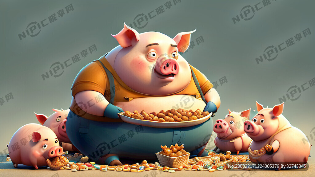 猪八戒在多种零食堆里吃零食