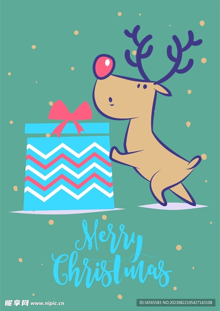 圣诞节快乐小麋鹿推礼物下雪