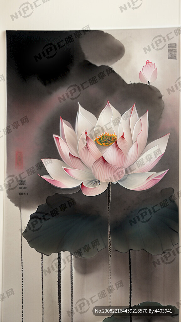 禅意荷花。工笔画  粉色 简约