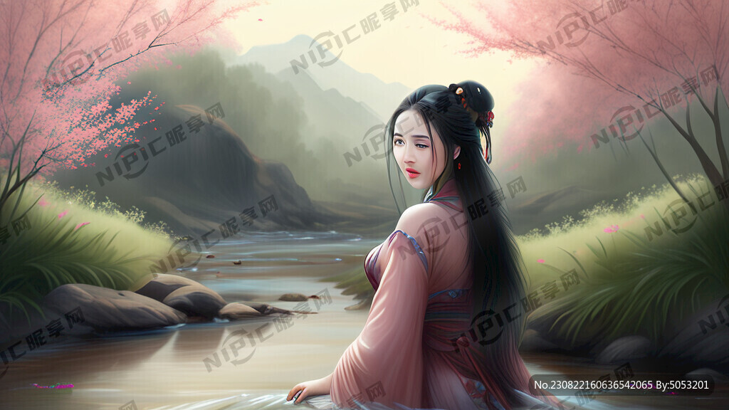 春雨水小溪美女