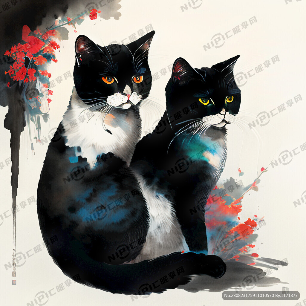 双猫黑猫白猫国画