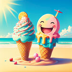 阳光晴朗明媚，洋溢着笑容，夏天天气很好，假日沙滩浪漫幸福，冰淇淋