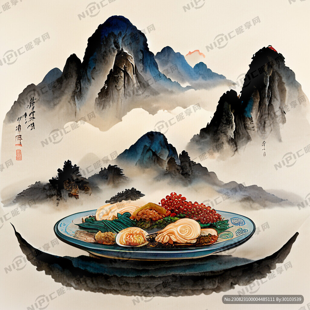 国潮美食 祥云 山水 香干
