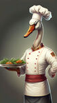 一只穿着厨师衣服的天鹅，右手端着一个盘子