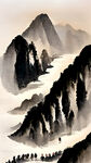 千里江山图，中国风，水墨画，有马，有羊，人群，牛