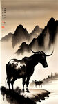 千里江山图，中国风，水墨画，有马，有羊，人群，牛