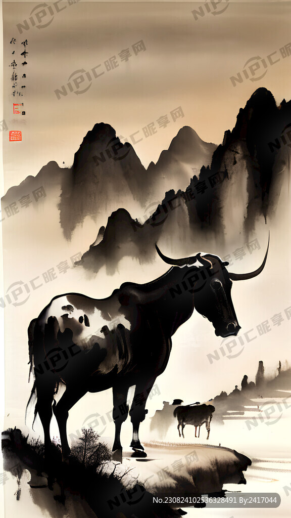 千里江山图 中国风 水墨画 牛