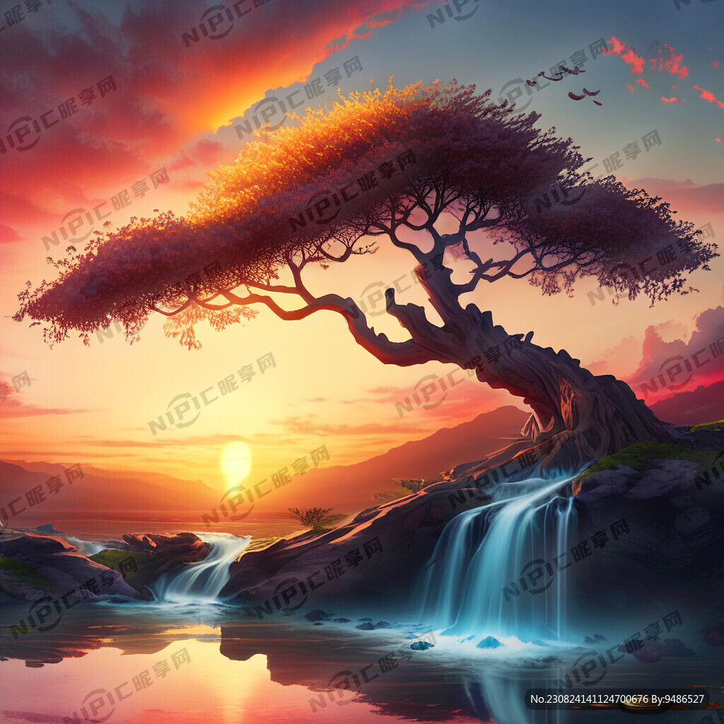 发财树 流水生财 夕阳彩霞
