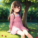 一个穿着粉色裙子小女孩坐在苹果树下面，