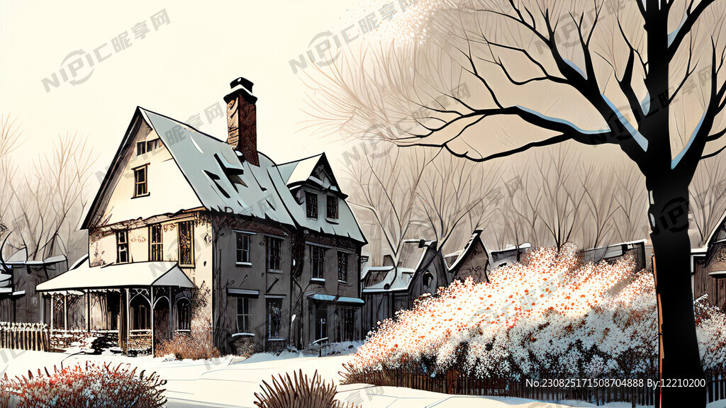老城 冬雪 旧屋和屋前的花坛
