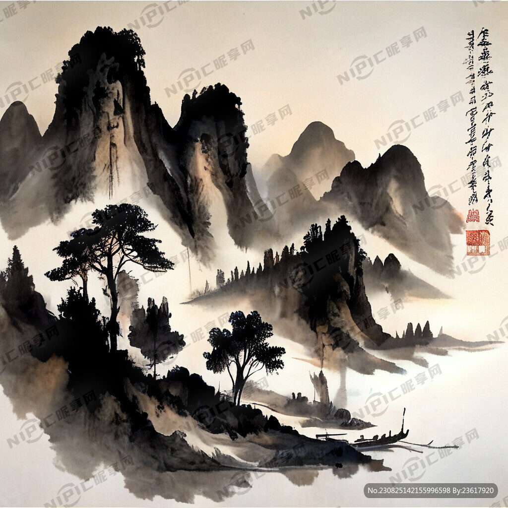 水墨山水画 有树有小船