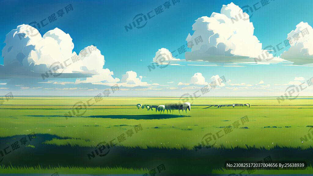 蓝天白云 绿色草原 羊头