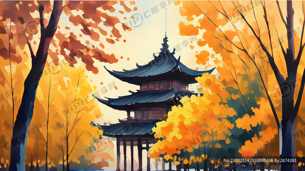 秋天的公园水粉画