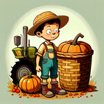 卡通男孩戴个圆帽，一手插腰，一手拿个铲子，旁边一个竹筐，竹筐里面有南瓜辣椒，后面有农作物，有拖拉机