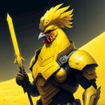 头是黄色鸡脸，身体是身穿盔甲的将领，左手持着武器杖，右手抓起一把黄沙，全身金黄色
