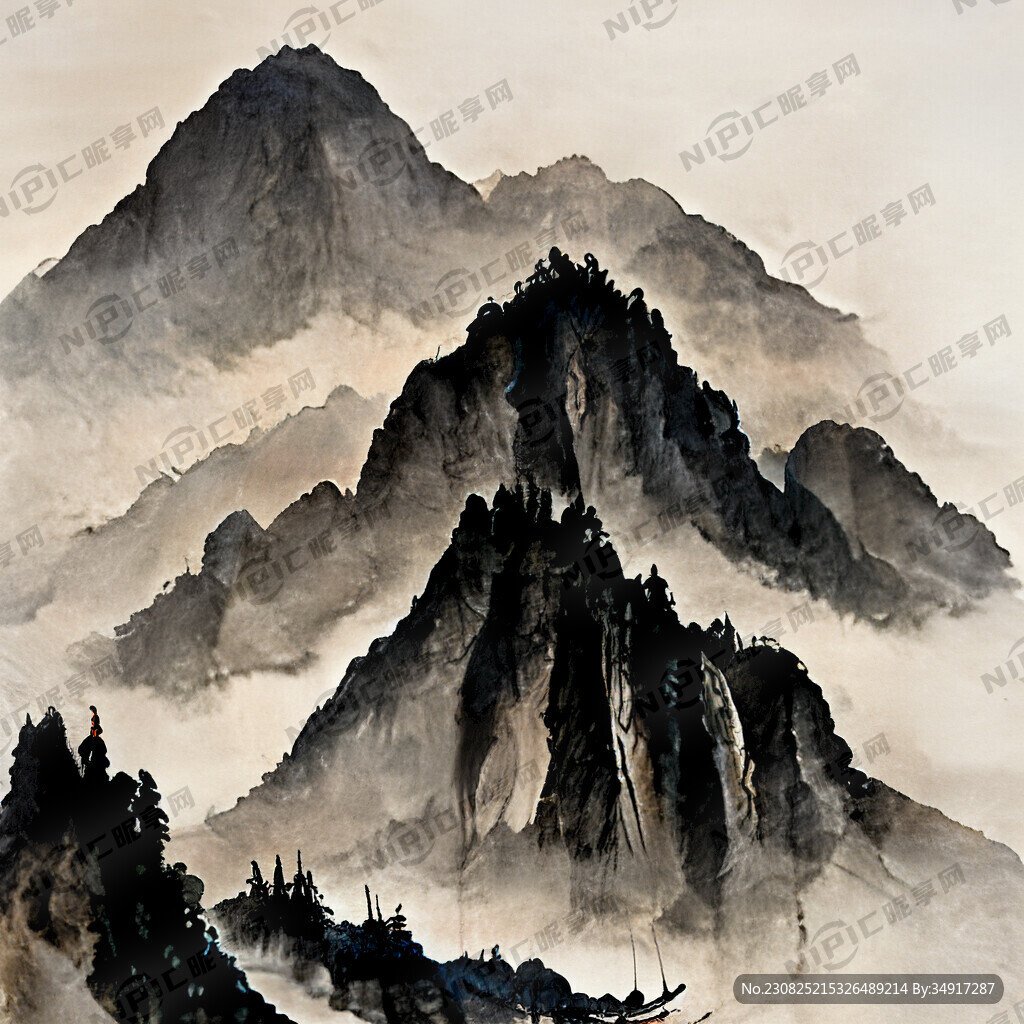 写意山水画 国画 水墨 河流