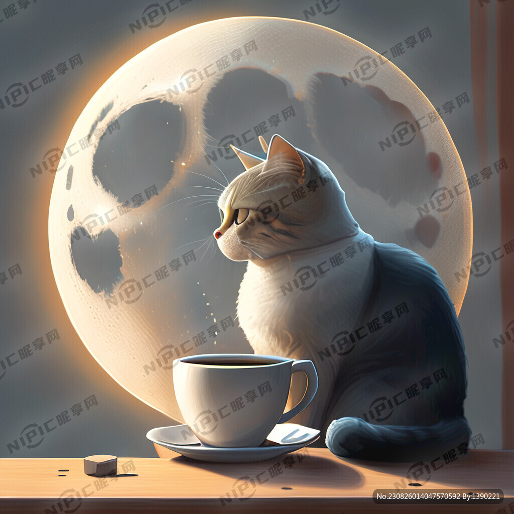 一只猫喝著咖啡赏月
