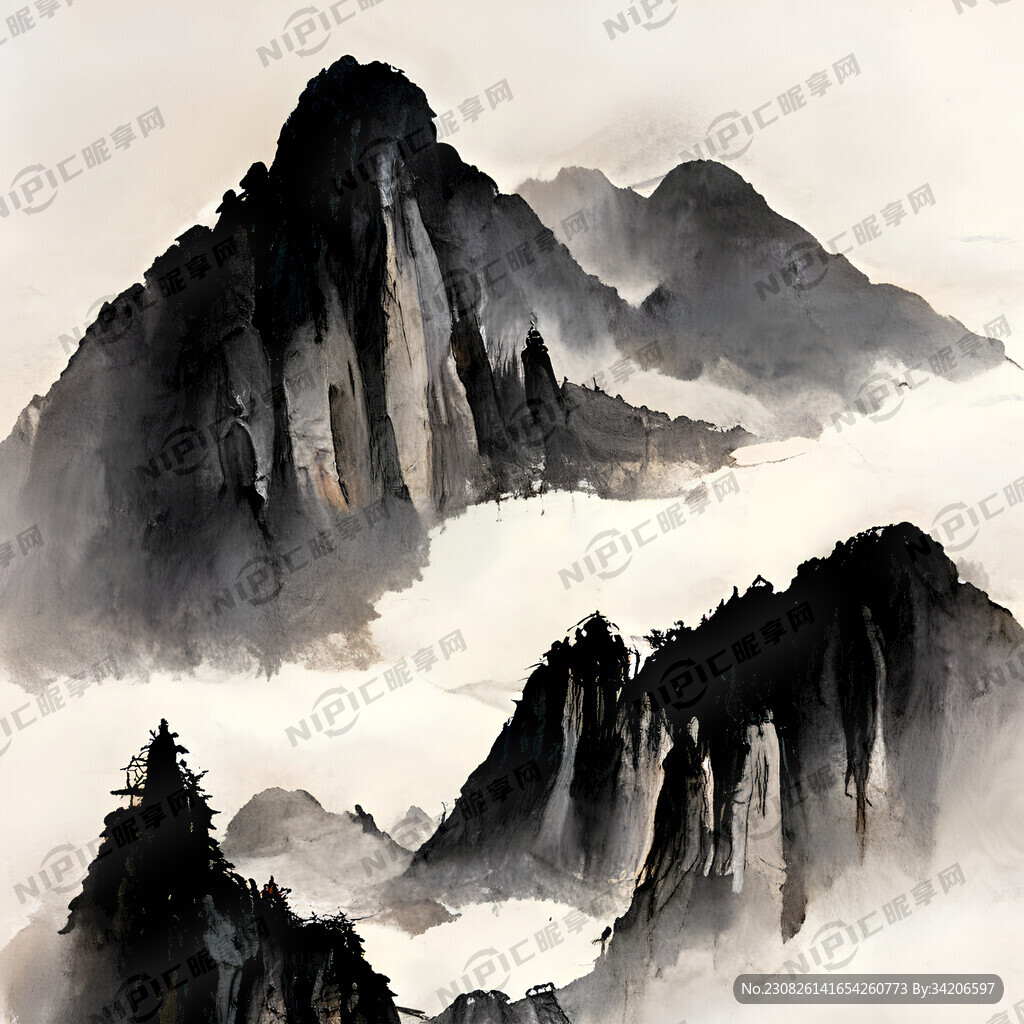 岳西明堂山黑白山水画