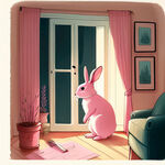 手绘，插画，粉色兔子，场景室内