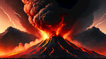 火山爆发，炫酷背景，岩浆，黑烟，闪电。远景，星空，火山岩浆流成河