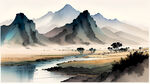 有中国画风，画面上有流水和平原，远处有隐隐约约的高山，能使人心旷神怡的书籍封面背景图像