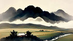 中国风格水墨画，天空，云，流水，草原，远处坡度平缓的，前景开阔，让人有心旷神怡的感觉，适于作书籍封面封底背景图案。