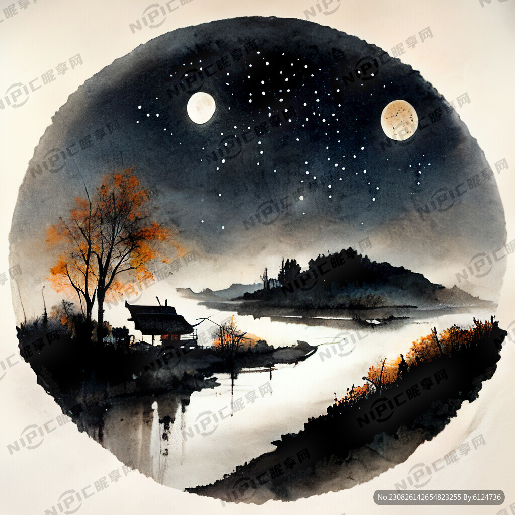 夜空 星星 明月 乡村 秋天