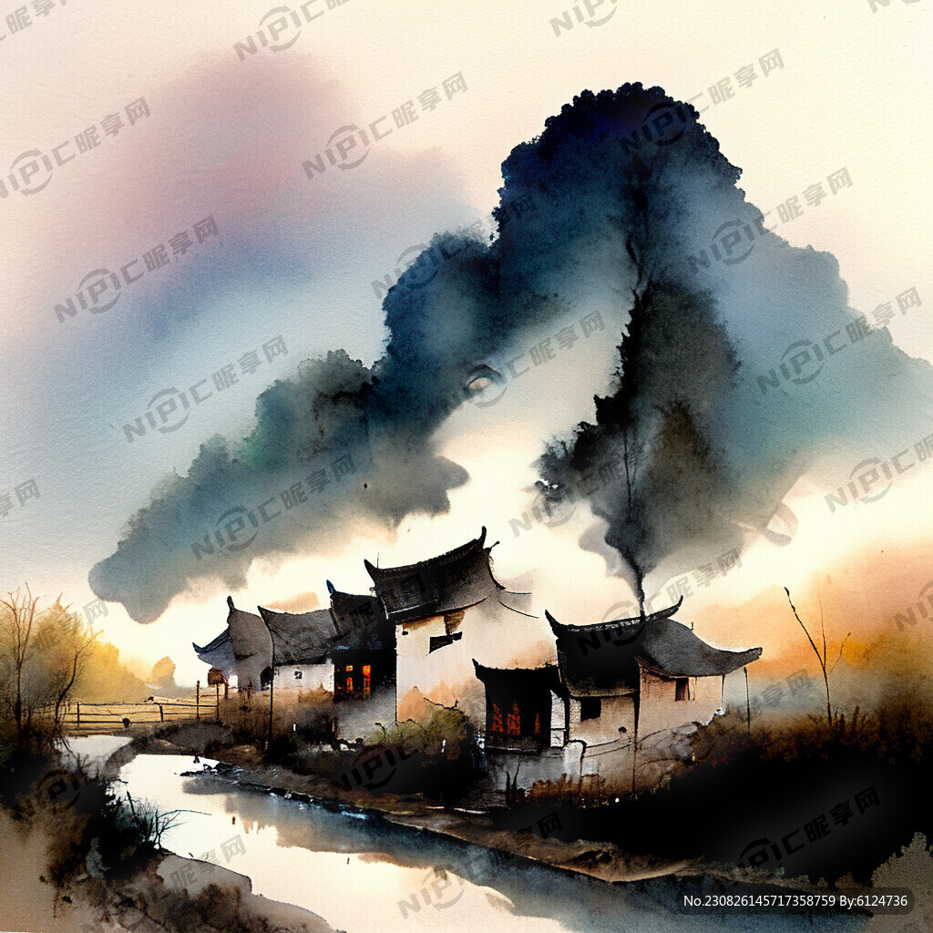 乡村傍晚 炊烟 中国风