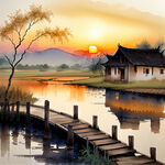 乡村夕阳，木桥，稻花香，中国风