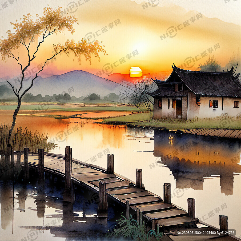 乡村夕阳 木桥 稻花香 中国风