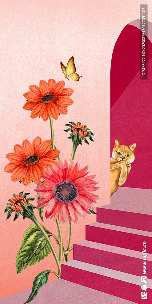 水彩花卉拱门挂画装饰画
