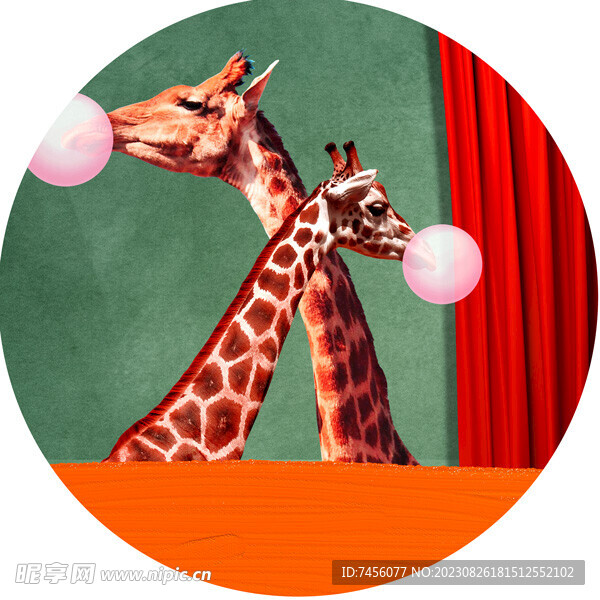 长颈鹿吹泡泡圆形挂画装饰画