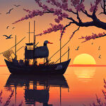日出，太阳，大雁，渔船，梅花