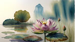 荷花，风景，夏天，水彩