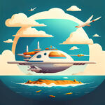 环游地球卡通手绘飞机海岛轮船白云海鸥