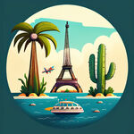 环游地球卡通手绘飞机海岛轮船巴黎铁塔椰树仙人掌