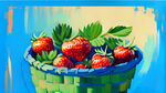 草莓篮子绿叶油画颜色艳丽复古油画笔触蓝色背景