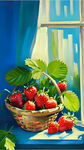 大量草莓在篮子绿叶油画颜色艳丽复古油画笔触蓝色背景精致窗台边复古窗帘