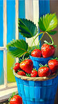 大量草莓在篮子绿叶油画颜色艳丽复古油画明显的油画笔触蓝色背景精致窗台边有复古窗帘花瓶油画明显笔画