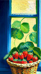 梵高线条油画风格草莓绿叶篮子窗边