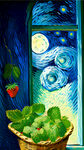 梵高线条油画风格多个草莓绿叶篮子窗边类似梵高星月夜的风格