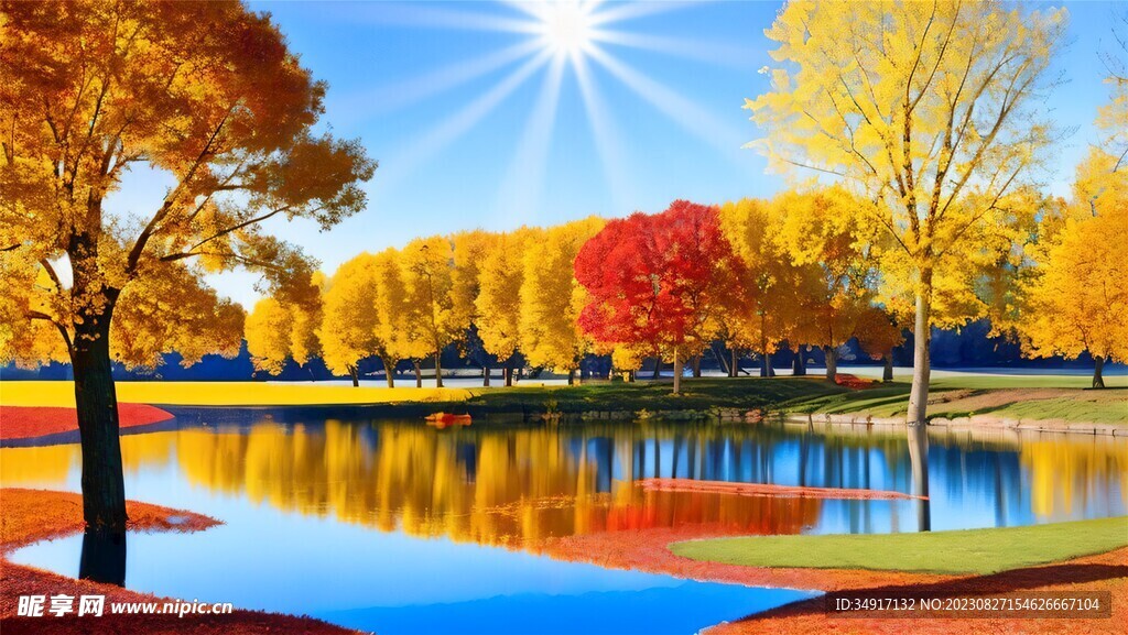 插画秋天湖边的枫树
