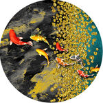 金箔水彩游鱼圆形挂画装饰画