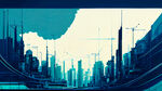 深蓝色的底图，上海的城市线稿。有科技感的城市线稿。蓝绿色的风格。