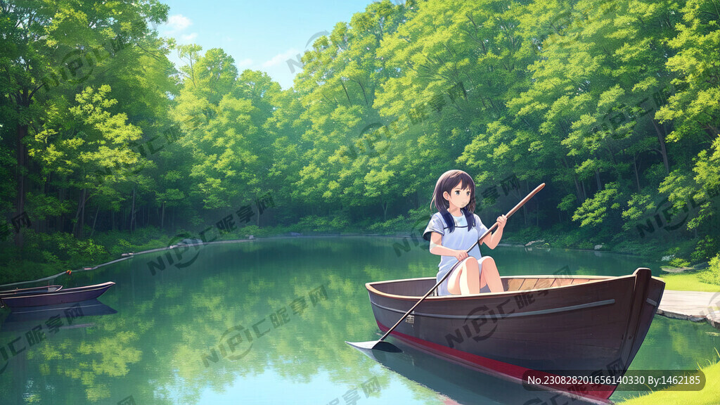 在公园划着小船的女孩