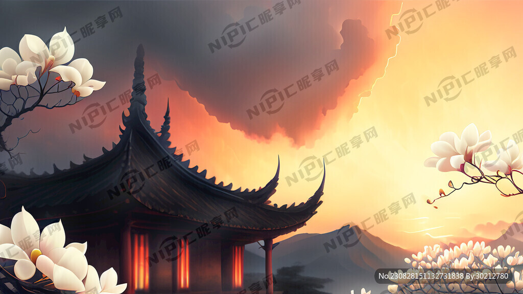 闽南古厝背景 白色玉兰花 晚霞