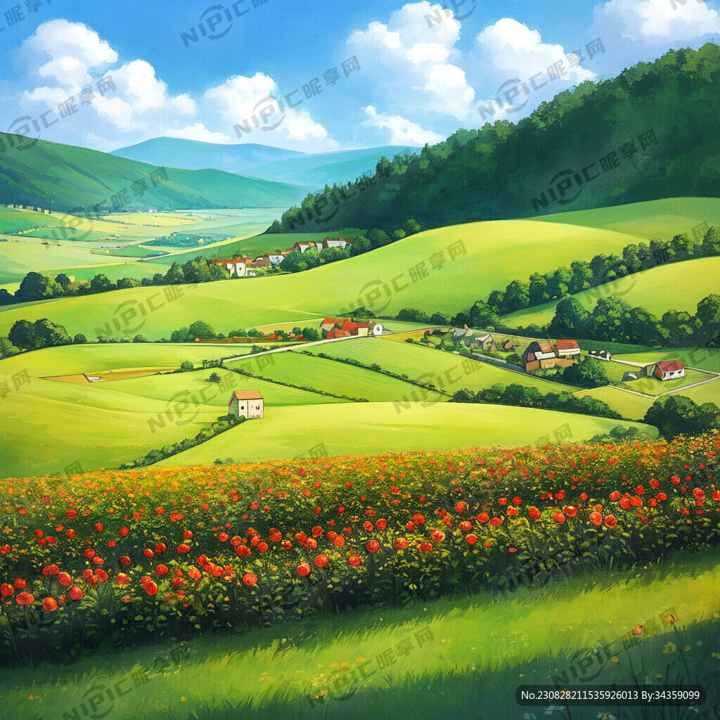 卡通画 苹果园 青苹果 农民